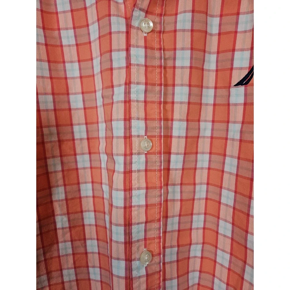 Nautica Boys Short Sleeve Button Up Shirt Orange & White Check L (14-16) Preppy